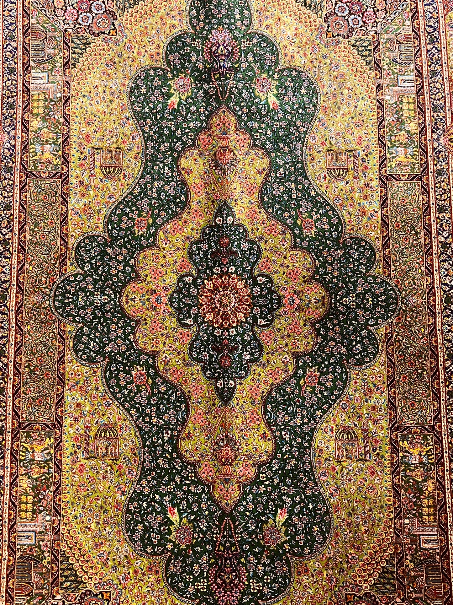 3x5 ft Green Bamboo Silk Rug – Ornate Floral Medallion Design, Black & Burgundy Details, Luxury Silk Accent Rug