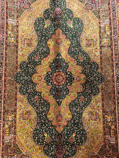 3x5 ft Green Bamboo Silk Rug – Ornate Floral Medallion Design, Black & Burgundy Details, Luxury Silk Accent Rug