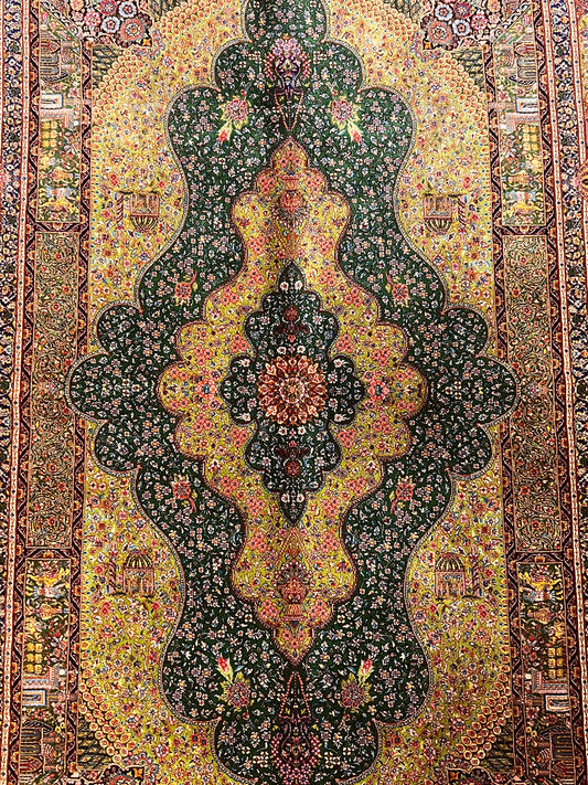 3x5 ft Green Bamboo Silk Rug – Ornate Floral Medallion Design, Black & Burgundy Details, Luxury Silk Accent Rug