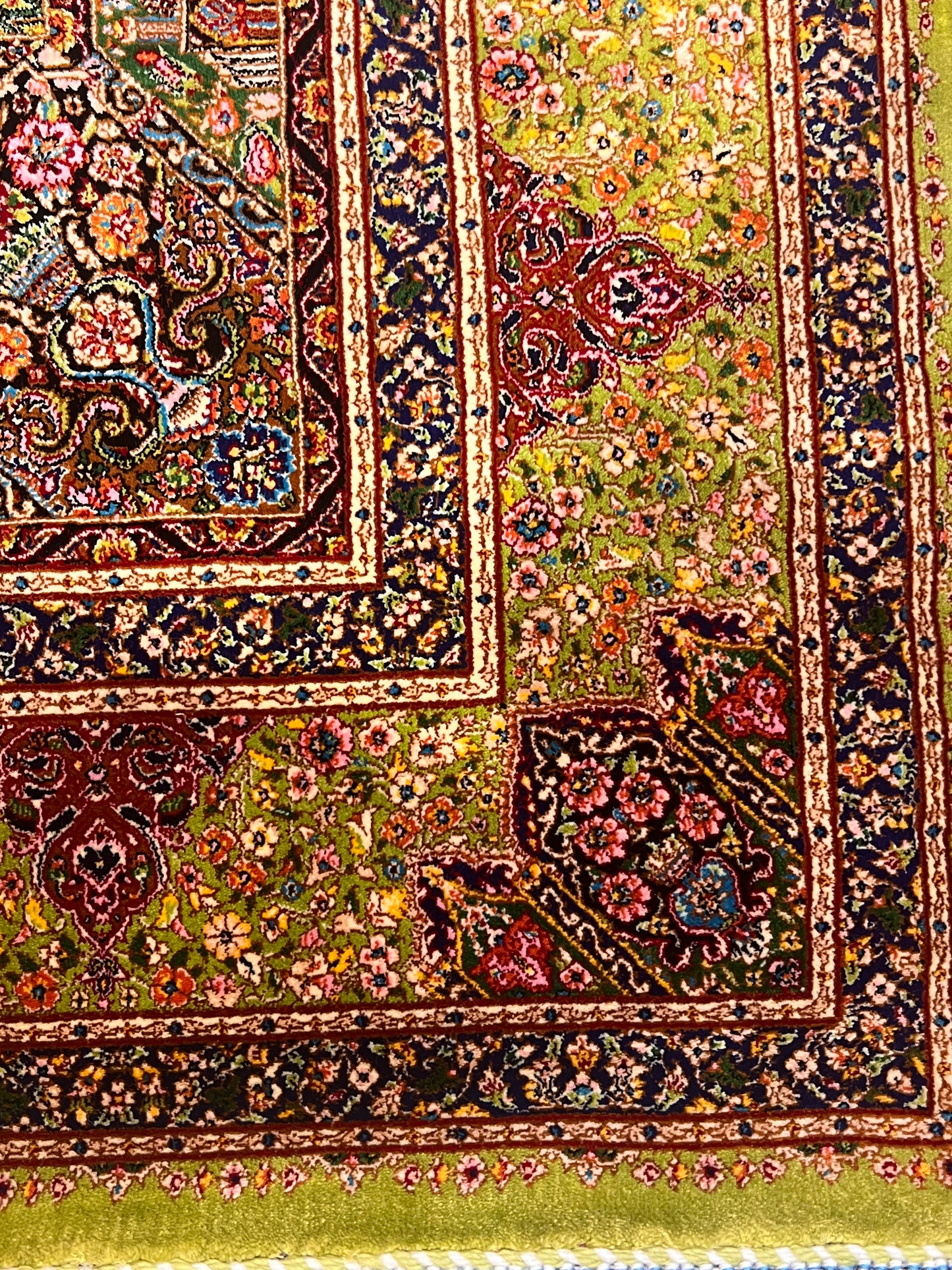 3x5 ft Green Bamboo Silk Rug – Ornate Floral Medallion Design, Black & Burgundy Details, Luxury Silk Accent Rug