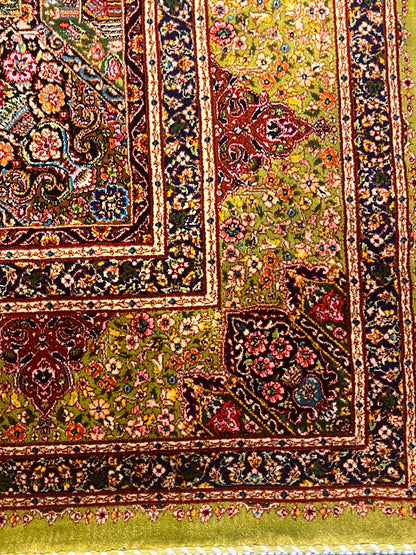 3x5 ft Green Bamboo Silk Rug – Ornate Floral Medallion Design, Black & Burgundy Details, Luxury Silk Accent Rug
