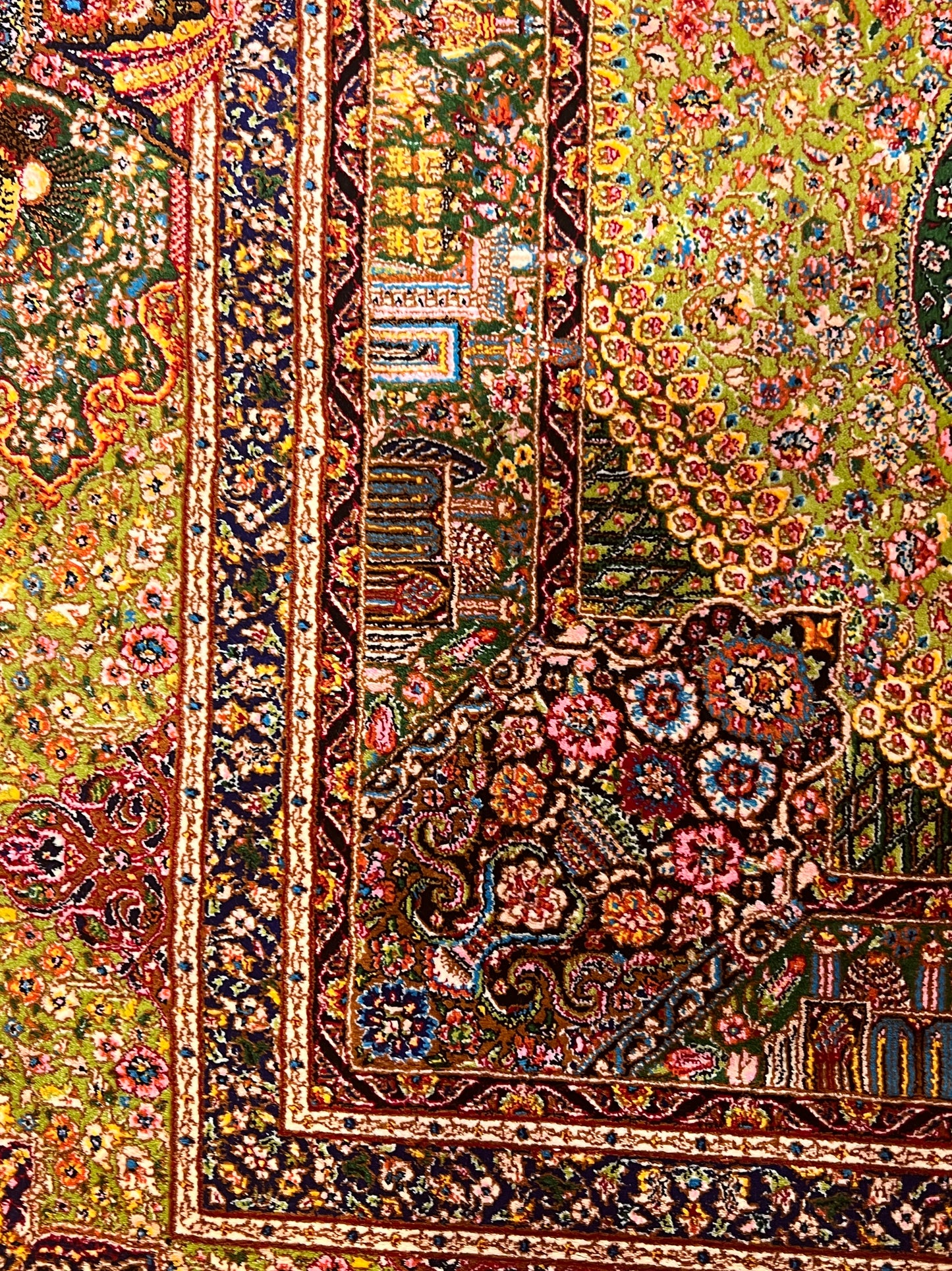 3x5 ft Green Bamboo Silk Rug – Ornate Floral Medallion Design, Black & Burgundy Details, Luxury Silk Accent Rug
