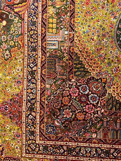 3x5 ft Green Bamboo Silk Rug – Ornate Floral Medallion Design, Black & Burgundy Details, Luxury Silk Accent Rug