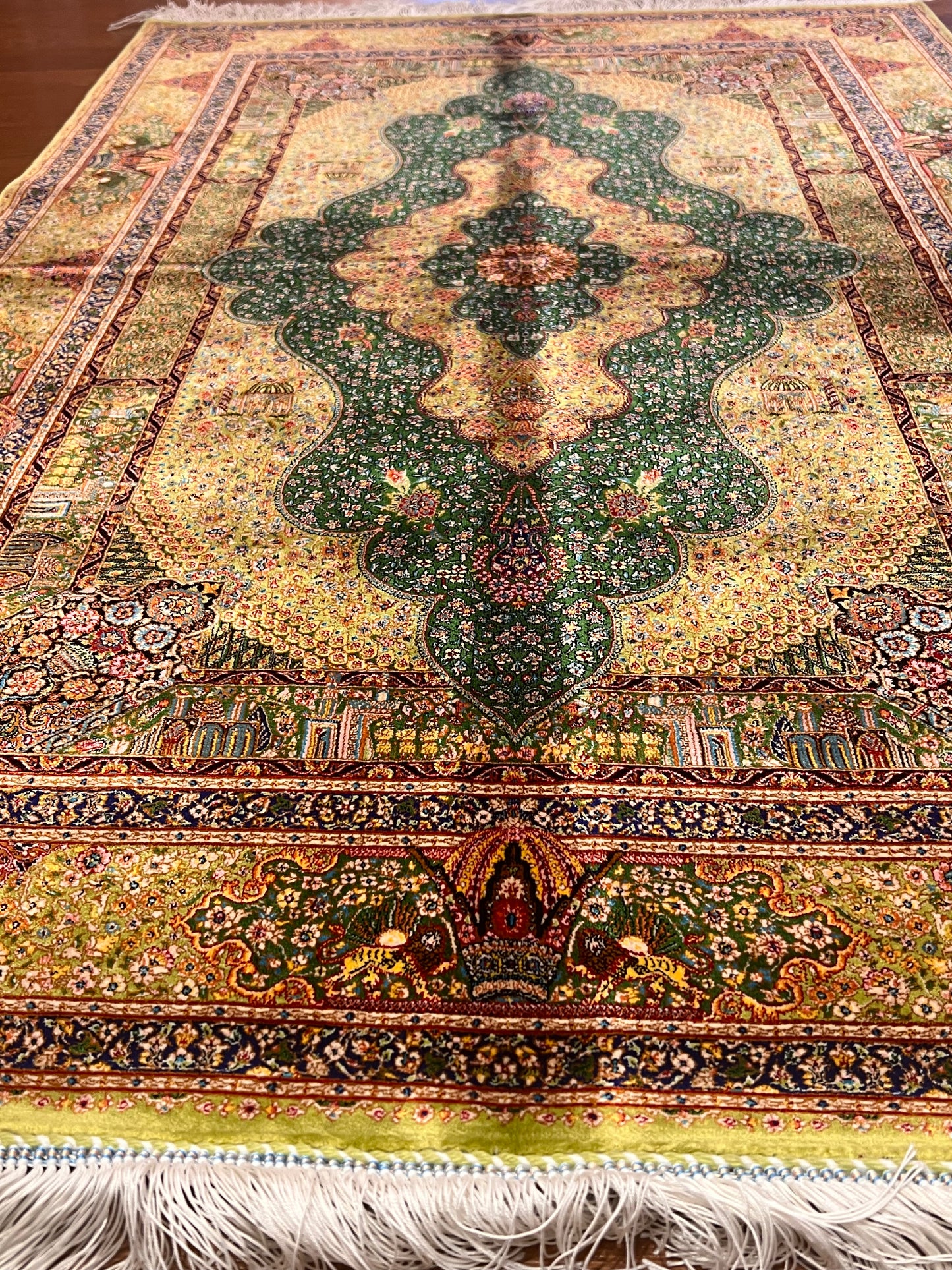 3x5 ft Green Bamboo Silk Rug – Ornate Floral Medallion Design, Black & Burgundy Details, Luxury Silk Accent Rug