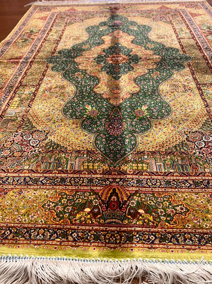 3x5 ft Green Bamboo Silk Rug – Ornate Floral Medallion Design, Black & Burgundy Details, Luxury Silk Accent Rug