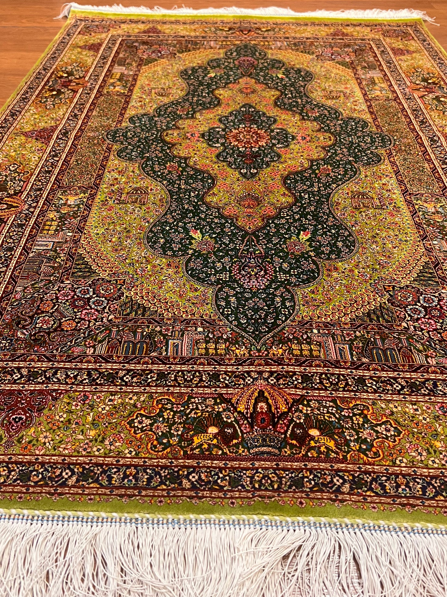 3x5 ft Green Bamboo Silk Rug – Ornate Floral Medallion Design, Black & Burgundy Details, Luxury Silk Accent Rug