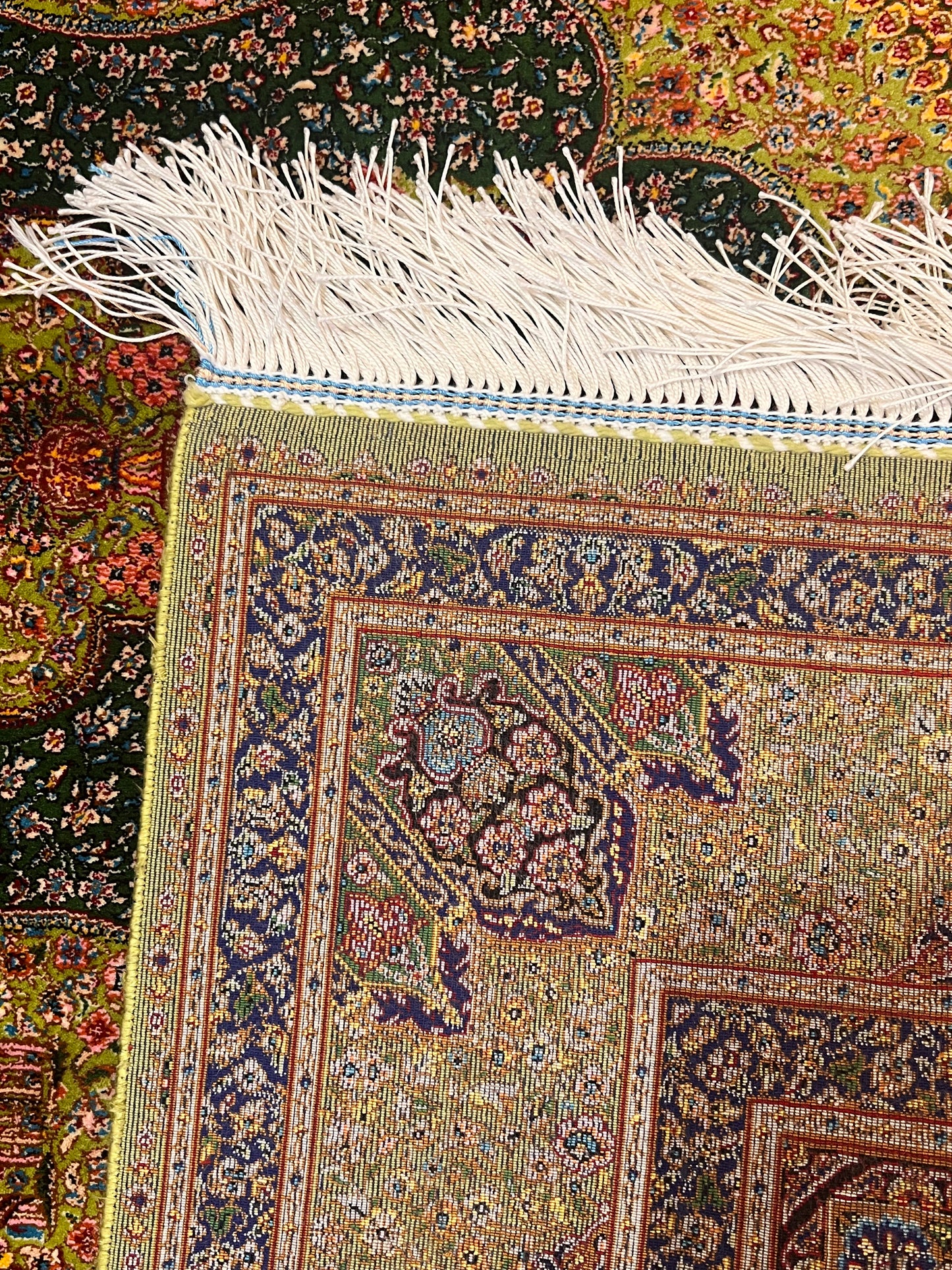 3x5 ft Green Bamboo Silk Rug – Ornate Floral Medallion Design, Black & Burgundy Details, Luxury Silk Accent Rug