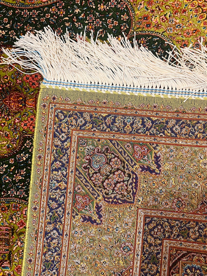 3x5 ft Green Bamboo Silk Rug – Ornate Floral Medallion Design, Black & Burgundy Details, Luxury Silk Accent Rug