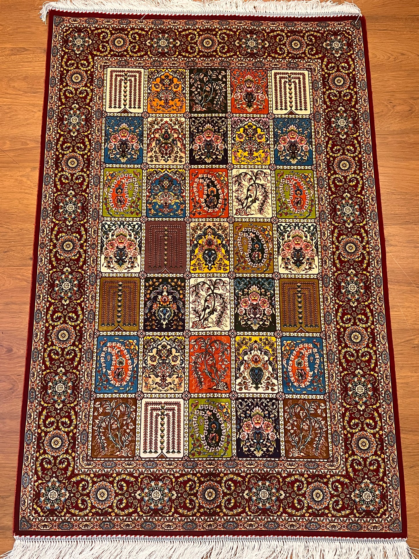 3x5 ft Burgundy Bamboo Silk Rug – Multicolor Garden Panel Design, Floral Luxury Silk Accent Rug for Living Room & Bedroom