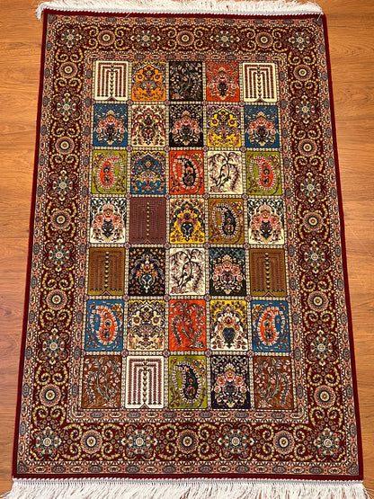 3x5 ft Burgundy Bamboo Silk Rug – Multicolor Garden Panel Design, Floral Luxury Silk Accent Rug for Living Room & Bedroom
