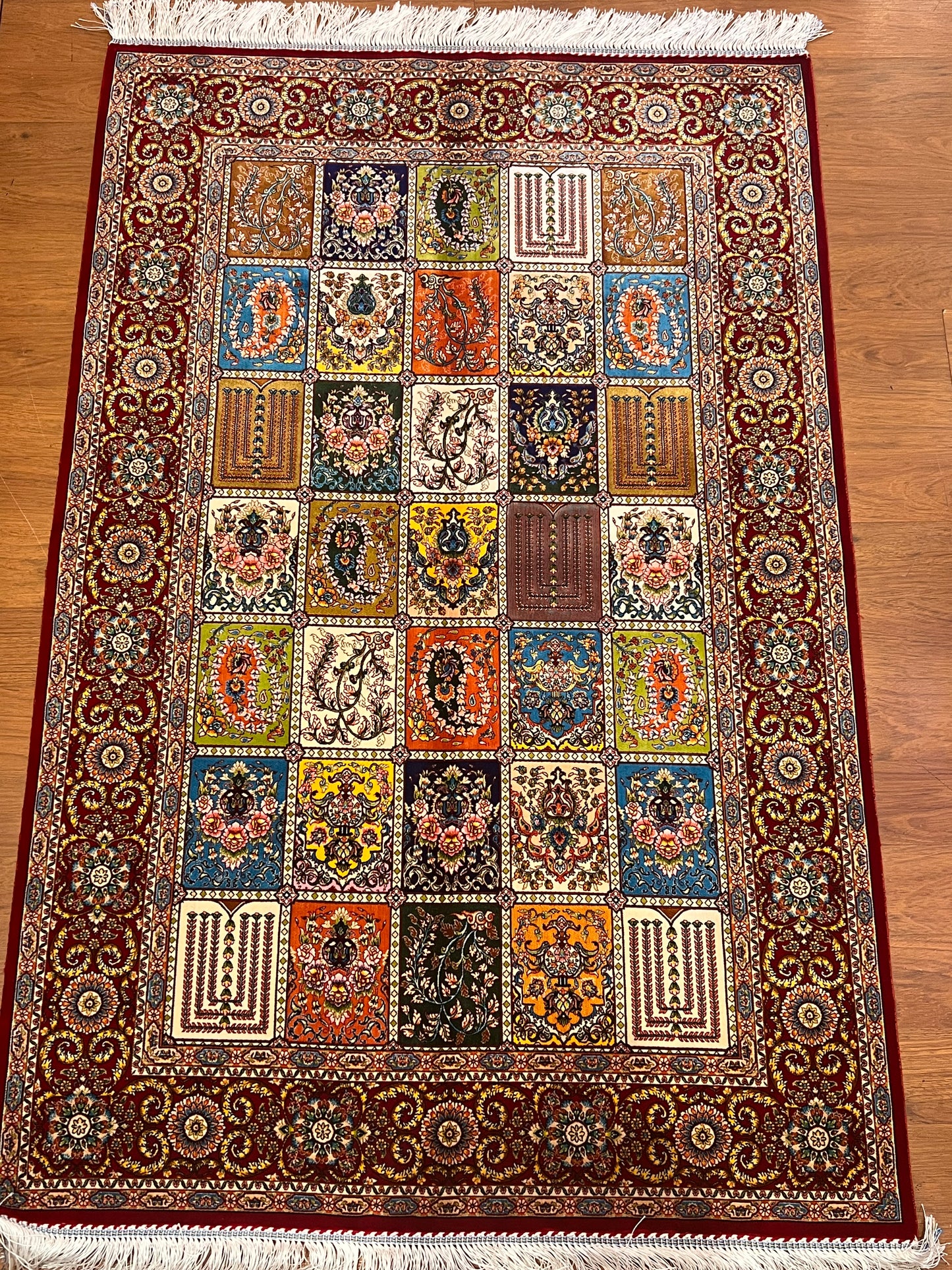 3x5 ft Burgundy Bamboo Silk Rug – Multicolor Garden Panel Design, Floral Luxury Silk Accent Rug for Living Room & Bedroom