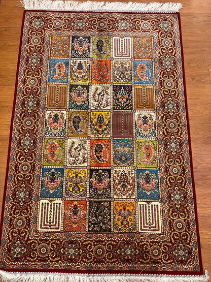 3x5 ft Burgundy Bamboo Silk Rug – Multicolor Garden Panel Design, Floral Luxury Silk Accent Rug for Living Room & Bedroom