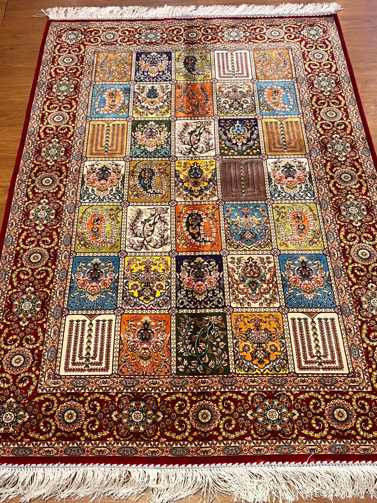3x5 ft Burgundy Bamboo Silk Rug – Multicolor Garden Panel Design, Floral Luxury Silk Accent Rug for Living Room & Bedroom