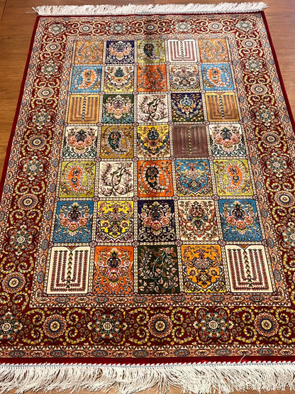 3x5 ft Burgundy Bamboo Silk Rug – Multicolor Garden Panel Design, Floral Luxury Silk Accent Rug for Living Room & Bedroom