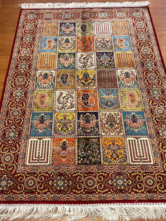 3x5 ft Burgundy Bamboo Silk Rug – Multicolor Garden Panel Design, Floral Luxury Silk Accent Rug for Living Room & Bedroom