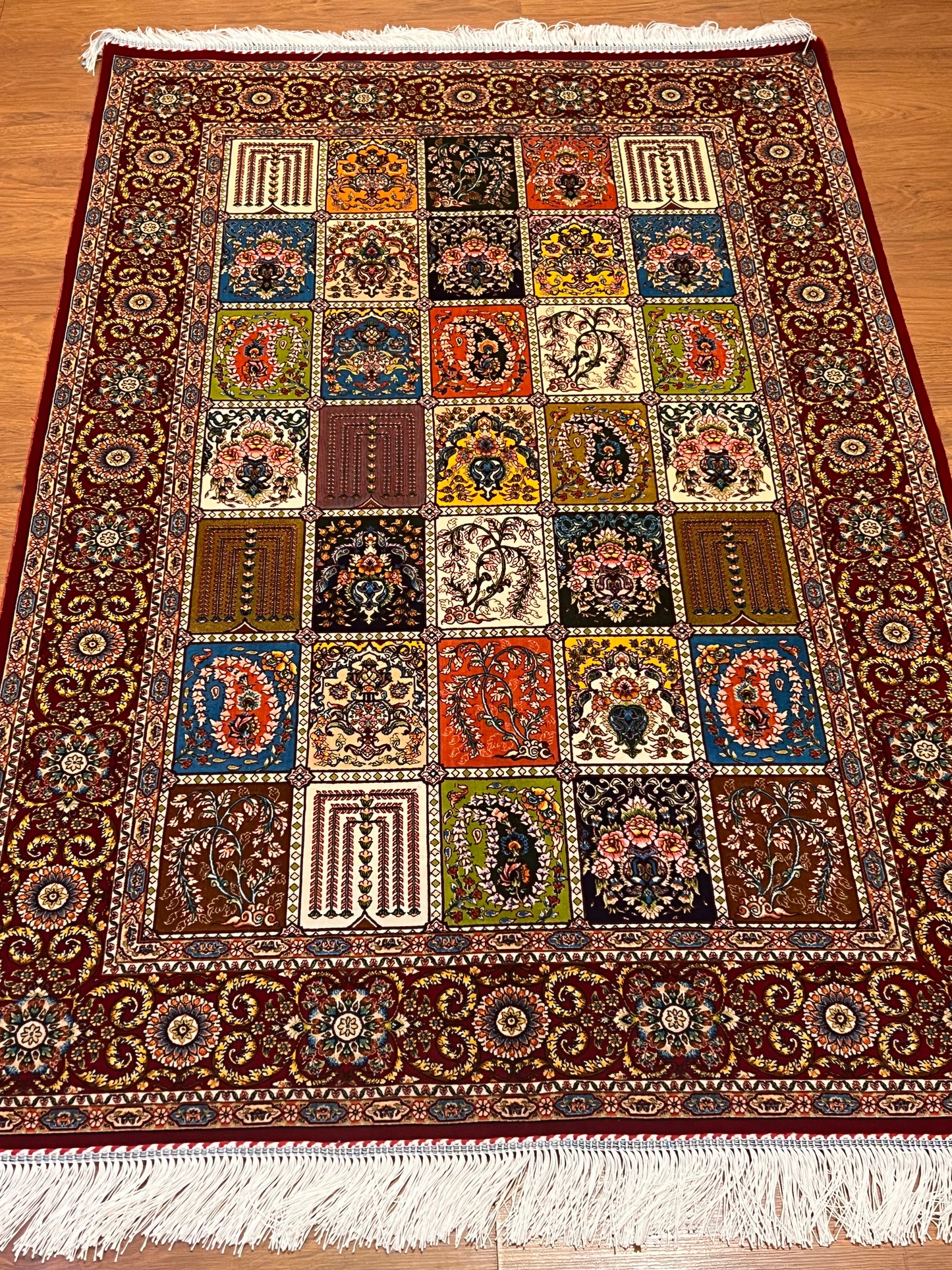 3x5 ft Burgundy Bamboo Silk Rug – Multicolor Garden Panel Design, Floral Luxury Silk Accent Rug for Living Room & Bedroom