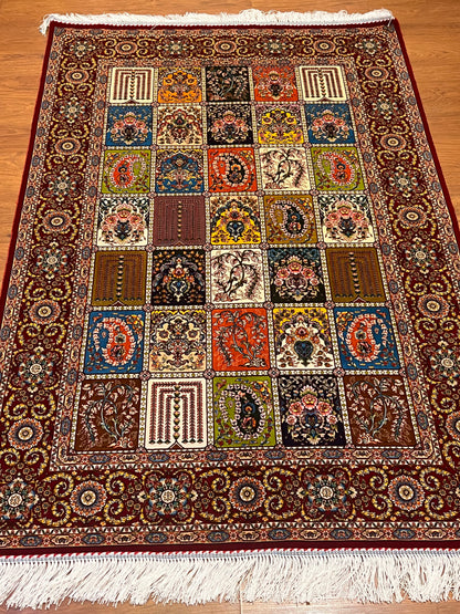 3x5 ft Burgundy Bamboo Silk Rug – Multicolor Garden Panel Design, Floral Luxury Silk Accent Rug for Living Room & Bedroom