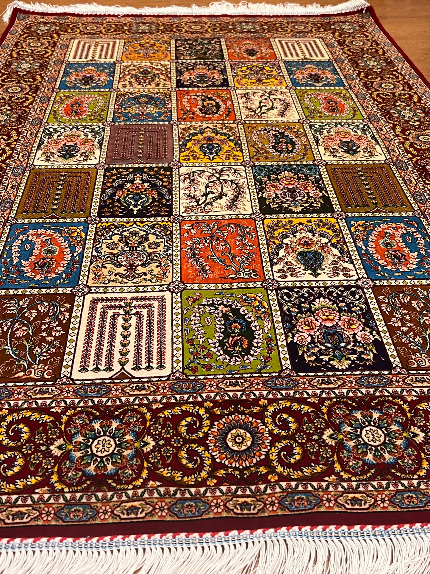 3x5 ft Burgundy Bamboo Silk Rug – Multicolor Garden Panel Design, Floral Luxury Silk Accent Rug for Living Room & Bedroom