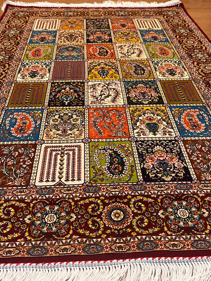 3x5 ft Burgundy Bamboo Silk Rug – Multicolor Garden Panel Design, Floral Luxury Silk Accent Rug for Living Room & Bedroom