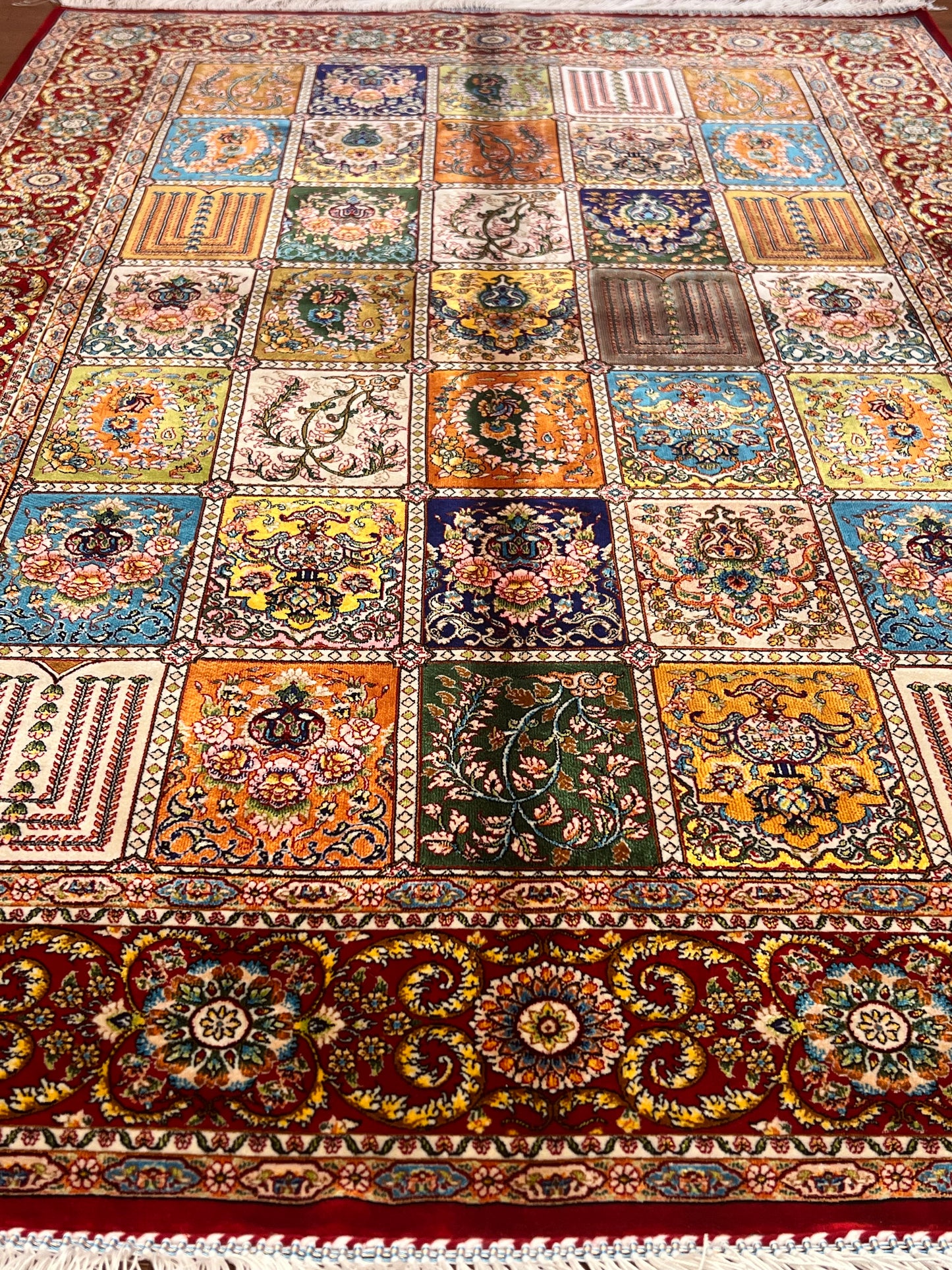3x5 ft Burgundy Bamboo Silk Rug – Multicolor Garden Panel Design, Floral Luxury Silk Accent Rug for Living Room & Bedroom