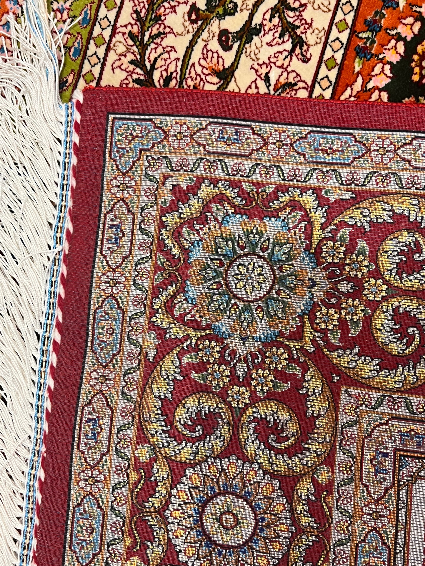 3x5 ft Burgundy Bamboo Silk Rug – Multicolor Garden Panel Design, Floral Luxury Silk Accent Rug for Living Room & Bedroom