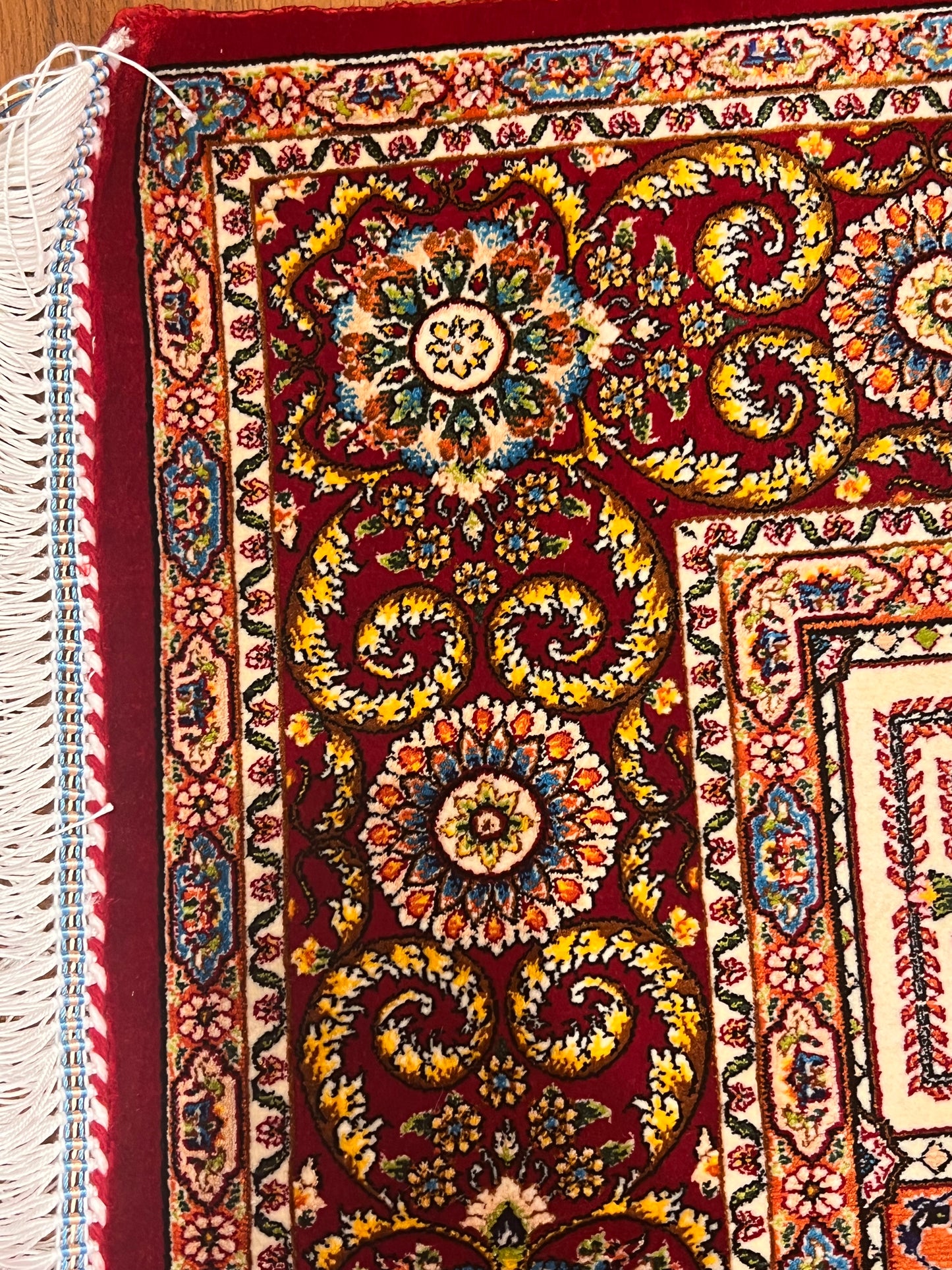 3x5 ft Burgundy Bamboo Silk Rug – Multicolor Garden Panel Design, Floral Luxury Silk Accent Rug for Living Room & Bedroom