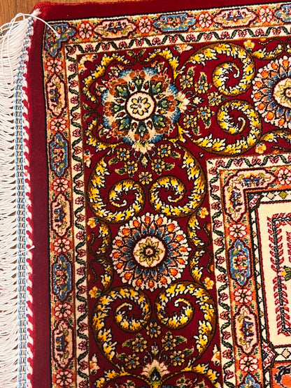 3x5 ft Burgundy Bamboo Silk Rug – Multicolor Garden Panel Design, Floral Luxury Silk Accent Rug for Living Room & Bedroom