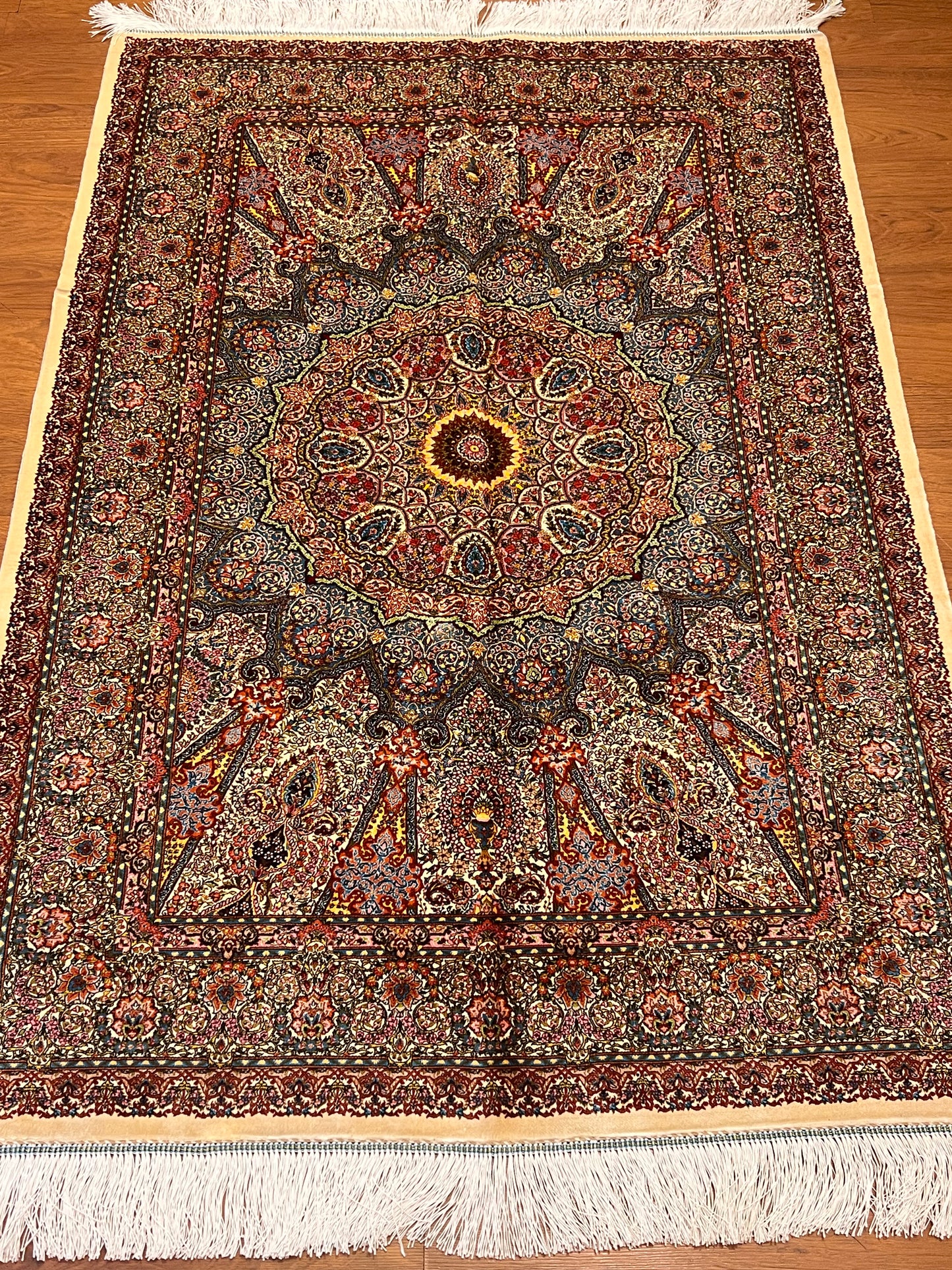 3x5 ft Burgundy Bamboo Silk Rug – Ornate Floral Medallion Design, Luxury Silk Accent Rug, Classic Statement Rug for Living Room & Bedroom