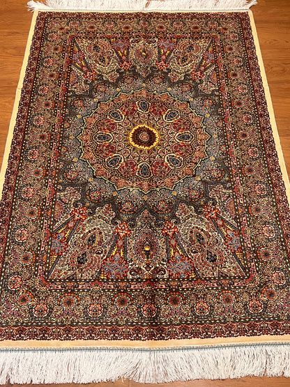 3x5 ft Burgundy Bamboo Silk Rug – Ornate Floral Medallion Design, Luxury Silk Accent Rug, Classic Statement Rug for Living Room & Bedroom