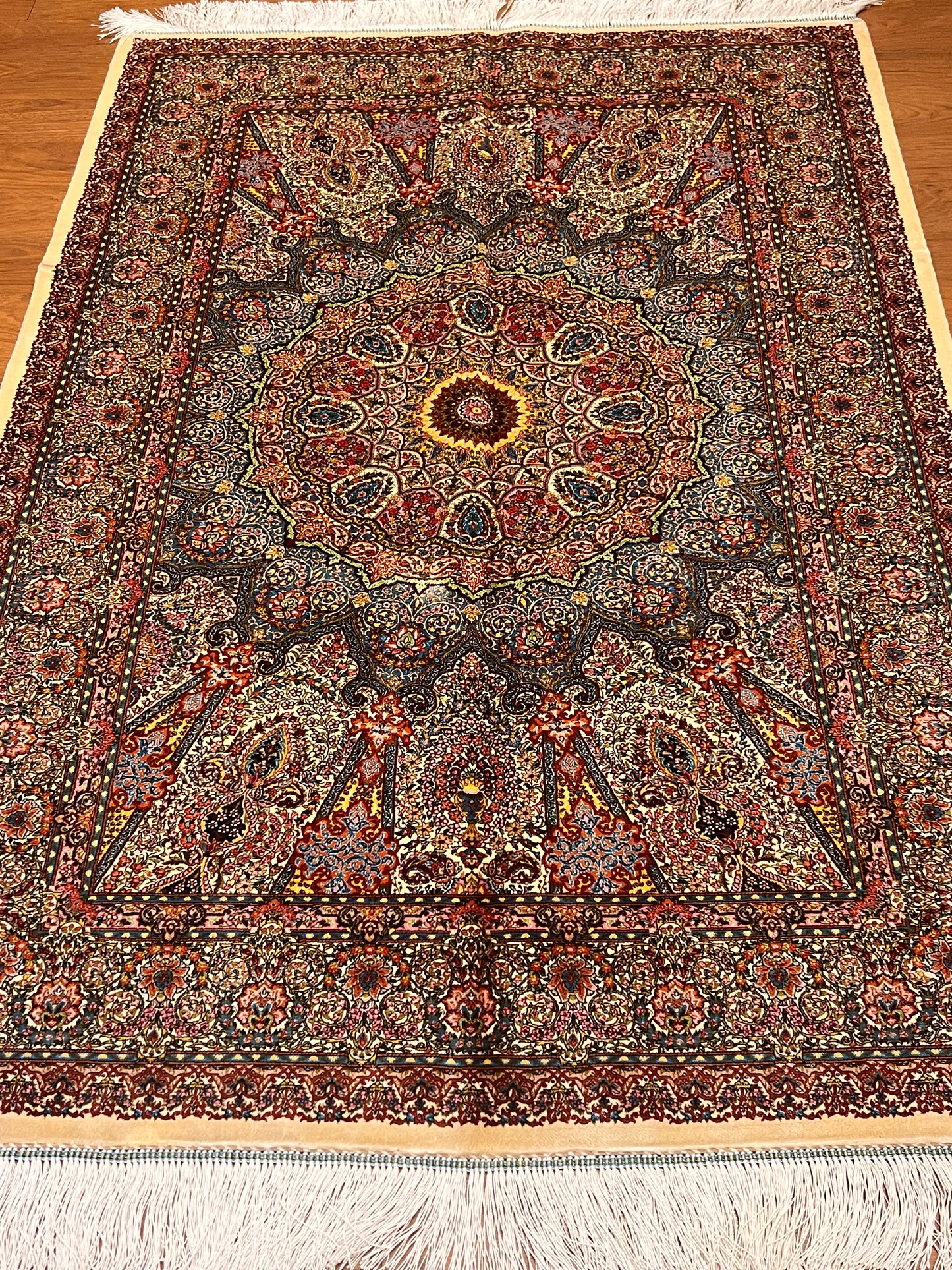 3x5 ft Burgundy Bamboo Silk Rug – Ornate Floral Medallion Design, Luxury Silk Accent Rug, Classic Statement Rug for Living Room & Bedroom