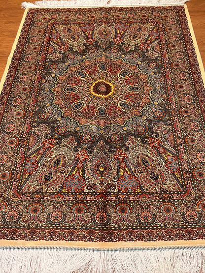 3x5 ft Burgundy Bamboo Silk Rug – Ornate Floral Medallion Design, Luxury Silk Accent Rug, Classic Statement Rug for Living Room & Bedroom