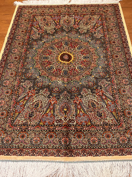 3x5 ft Burgundy Bamboo Silk Rug – Ornate Floral Medallion Design, Luxury Silk Accent Rug, Classic Statement Rug for Living Room & Bedroom
