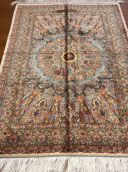 3x5 ft Burgundy Bamboo Silk Rug – Ornate Floral Medallion Design, Luxury Silk Accent Rug, Classic Statement Rug for Living Room & Bedroom