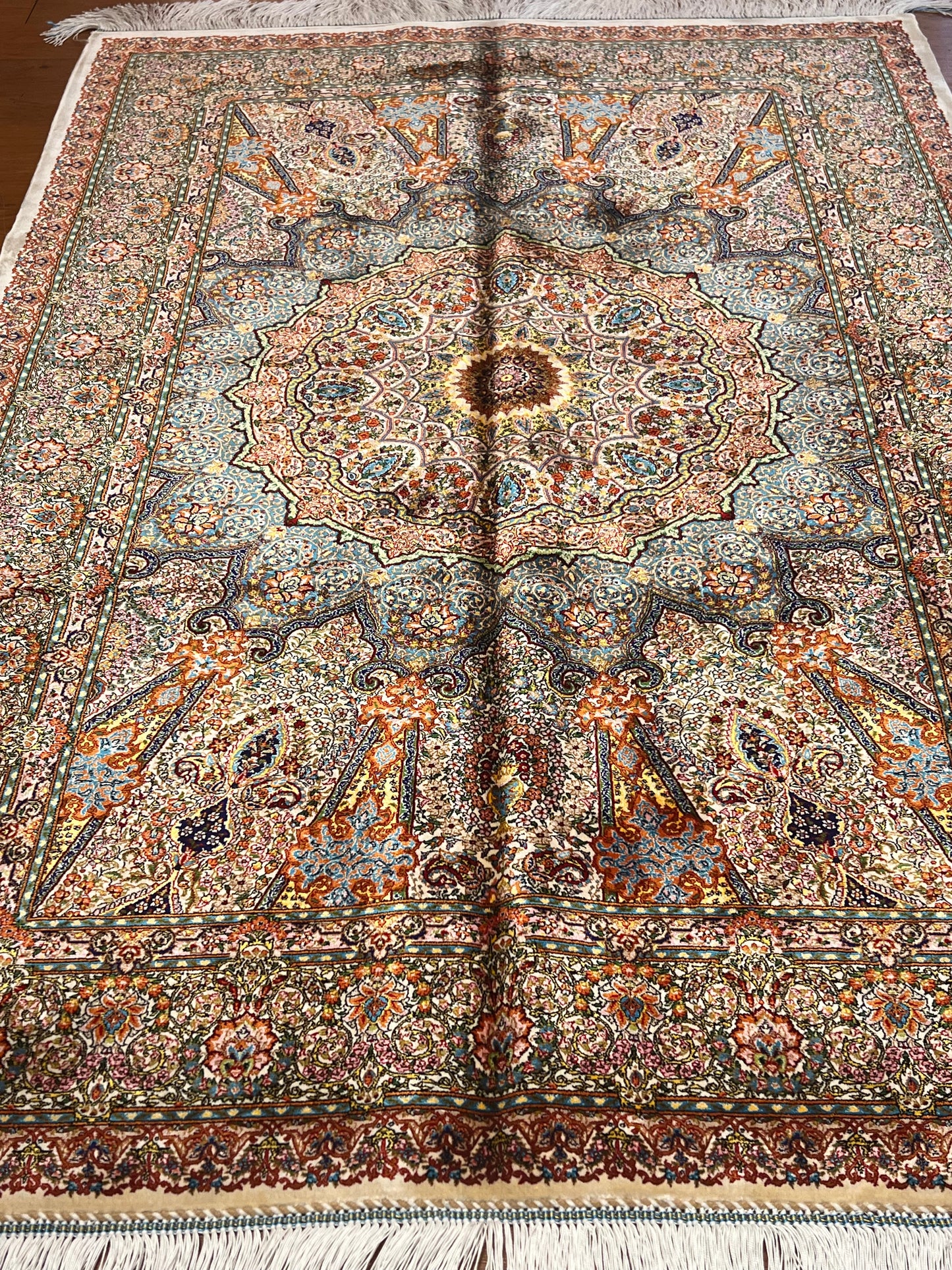 3x5 ft Burgundy Bamboo Silk Rug – Ornate Floral Medallion Design, Luxury Silk Accent Rug, Classic Statement Rug for Living Room & Bedroom