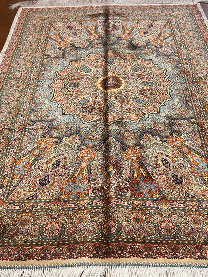 3x5 ft Burgundy Bamboo Silk Rug – Ornate Floral Medallion Design, Luxury Silk Accent Rug, Classic Statement Rug for Living Room & Bedroom