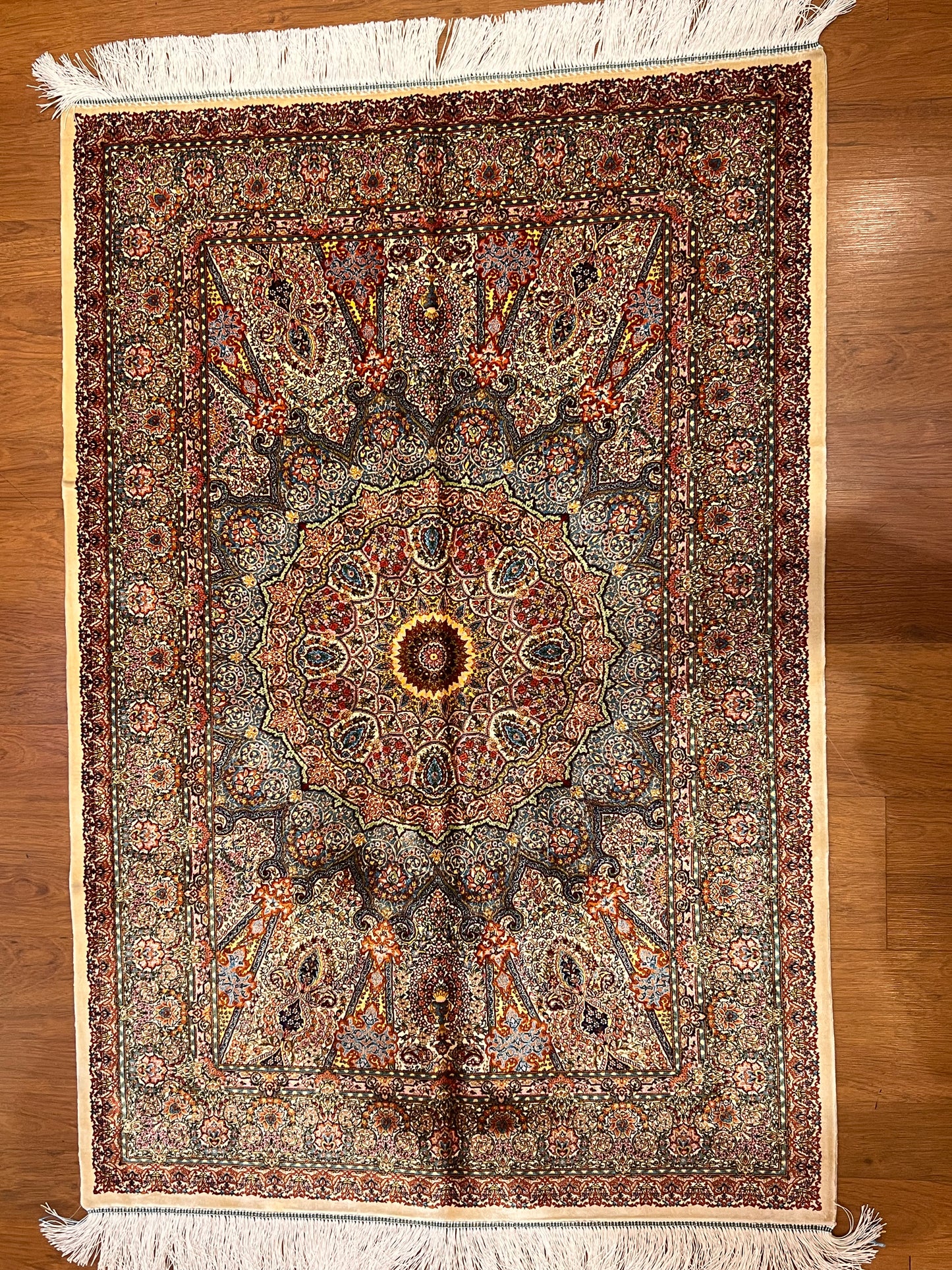 3x5 ft Burgundy Bamboo Silk Rug – Ornate Floral Medallion Design, Luxury Silk Accent Rug, Classic Statement Rug for Living Room & Bedroom