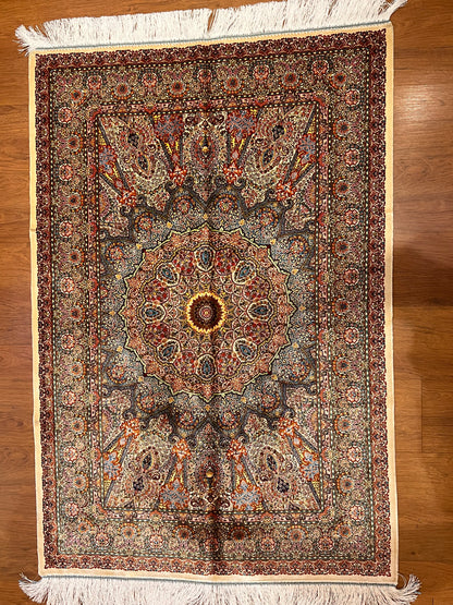 3x5 ft Burgundy Bamboo Silk Rug – Ornate Floral Medallion Design, Luxury Silk Accent Rug, Classic Statement Rug for Living Room & Bedroom