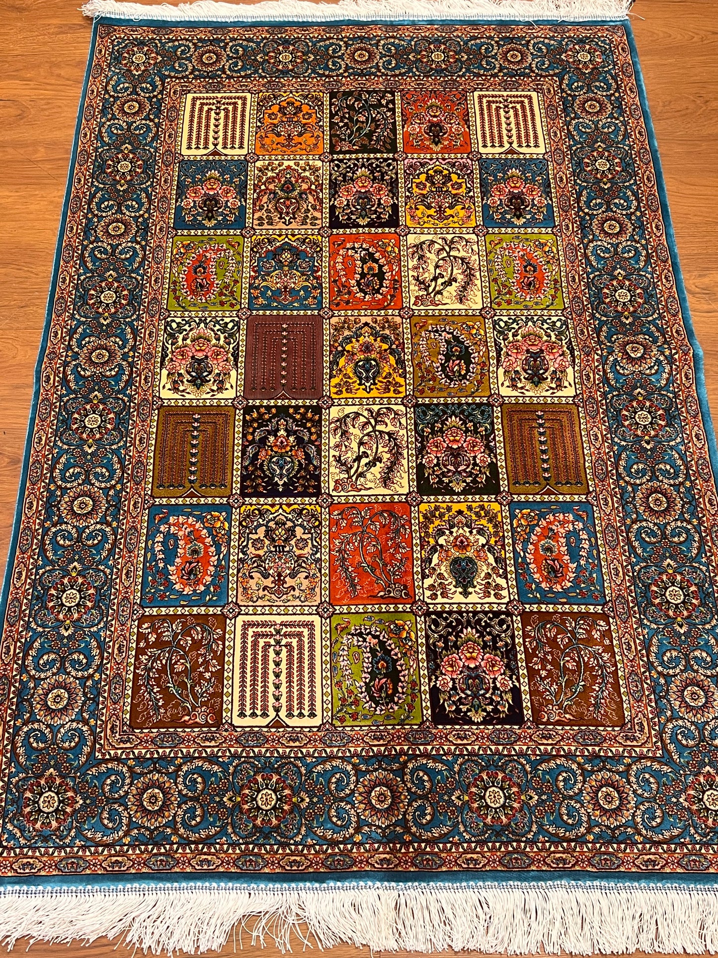 3x5 ft Multicolor Bamboo Silk Rug – Garden Panel Floral Design, Teal Blue Border, Luxury Silk Accent Rug for Living Room & Bedroom