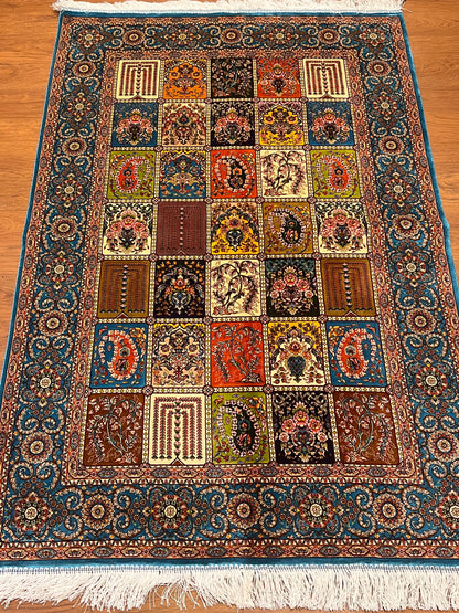 3x5 ft Multicolor Bamboo Silk Rug – Garden Panel Floral Design, Teal Blue Border, Luxury Silk Accent Rug for Living Room & Bedroom