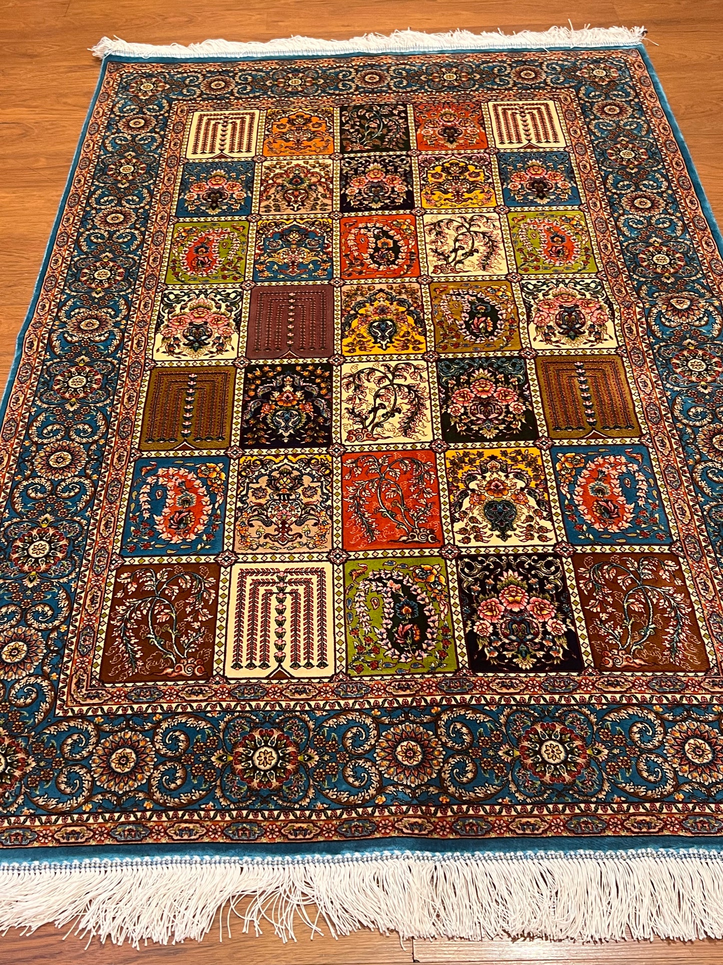 3x5 ft Multicolor Bamboo Silk Rug – Garden Panel Floral Design, Teal Blue Border, Luxury Silk Accent Rug for Living Room & Bedroom