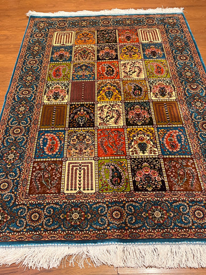 3x5 ft Multicolor Bamboo Silk Rug – Garden Panel Floral Design, Teal Blue Border, Luxury Silk Accent Rug for Living Room & Bedroom