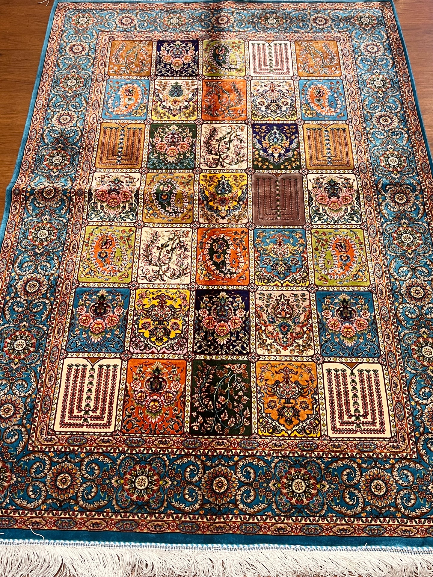 3x5 ft Multicolor Bamboo Silk Rug – Garden Panel Floral Design, Teal Blue Border, Luxury Silk Accent Rug for Living Room & Bedroom