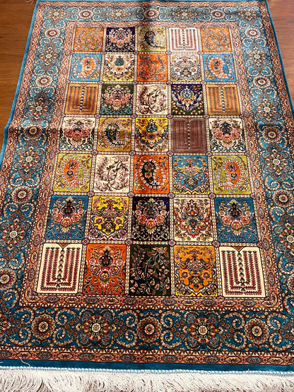 3x5 ft Multicolor Bamboo Silk Rug – Garden Panel Floral Design, Teal Blue Border, Luxury Silk Accent Rug for Living Room & Bedroom