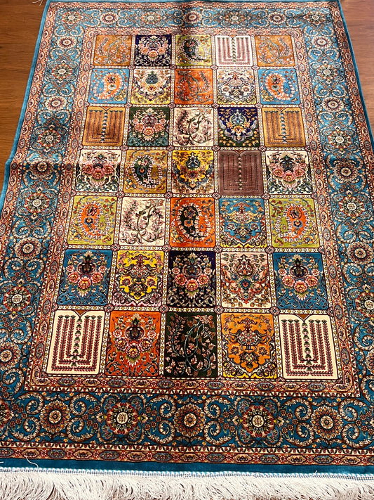 3x5 ft Multicolor Bamboo Silk Rug – Garden Panel Floral Design, Teal Blue Border, Luxury Silk Accent Rug for Living Room & Bedroom