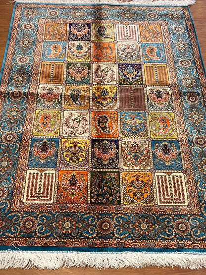 3x5 ft Multicolor Bamboo Silk Rug – Garden Panel Floral Design, Teal Blue Border, Luxury Silk Accent Rug for Living Room & Bedroom