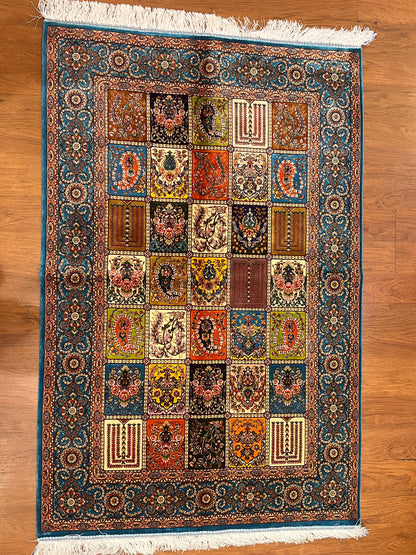 3x5 ft Multicolor Bamboo Silk Rug – Garden Panel Floral Design, Teal Blue Border, Luxury Silk Accent Rug for Living Room & Bedroom