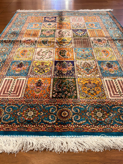 3x5 ft Multicolor Bamboo Silk Rug – Garden Panel Floral Design, Teal Blue Border, Luxury Silk Accent Rug for Living Room & Bedroom