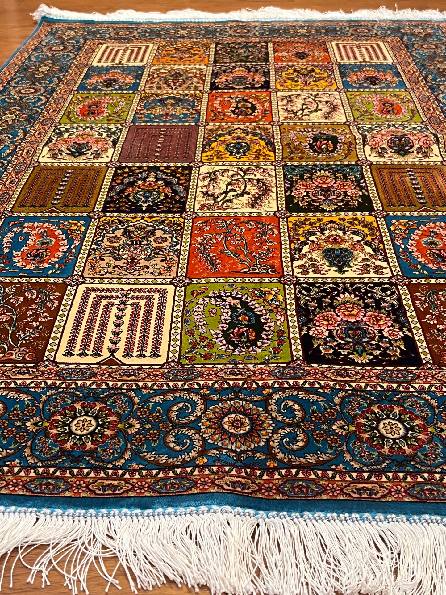3x5 ft Multicolor Bamboo Silk Rug – Garden Panel Floral Design, Teal Blue Border, Luxury Silk Accent Rug for Living Room & Bedroom