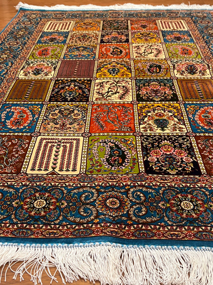 3x5 ft Multicolor Bamboo Silk Rug – Garden Panel Floral Design, Teal Blue Border, Luxury Silk Accent Rug for Living Room & Bedroom