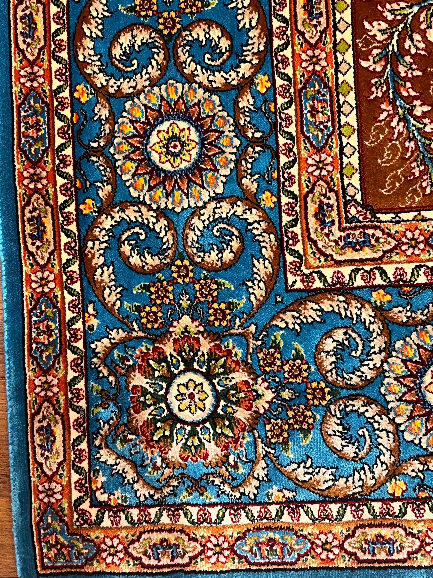 3x5 ft Multicolor Bamboo Silk Rug – Garden Panel Floral Design, Teal Blue Border, Luxury Silk Accent Rug for Living Room & Bedroom